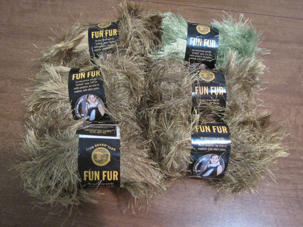 LION BRAND FUN FUR YARN OLIVE & LIME LOT OF 6